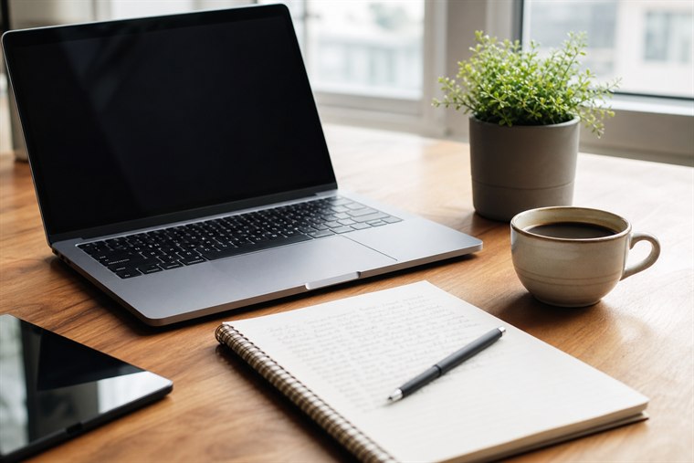 Ambiente de trabalho com computador e anotações