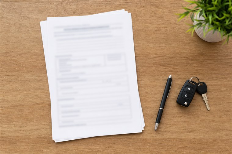 Documentos de transferência de veículo sobre a mesa